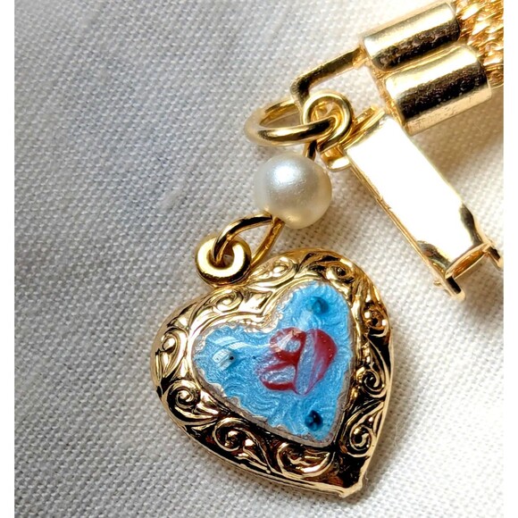 Vintage SAC Sarah Coventry Blue Guilloché Enamel Heart Charm Bracelet - Signed - Picture 1 of 6